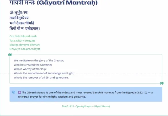 A class slide of the Gayatri Mantra in Devanagari, with transliteration and meaning, from a live online shloka class